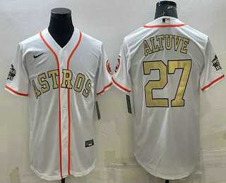Men%27s Houston Astros #27 Jose Altuve White Gold 2022 World Series Champions Stitched Cool Base Nike Jersey
